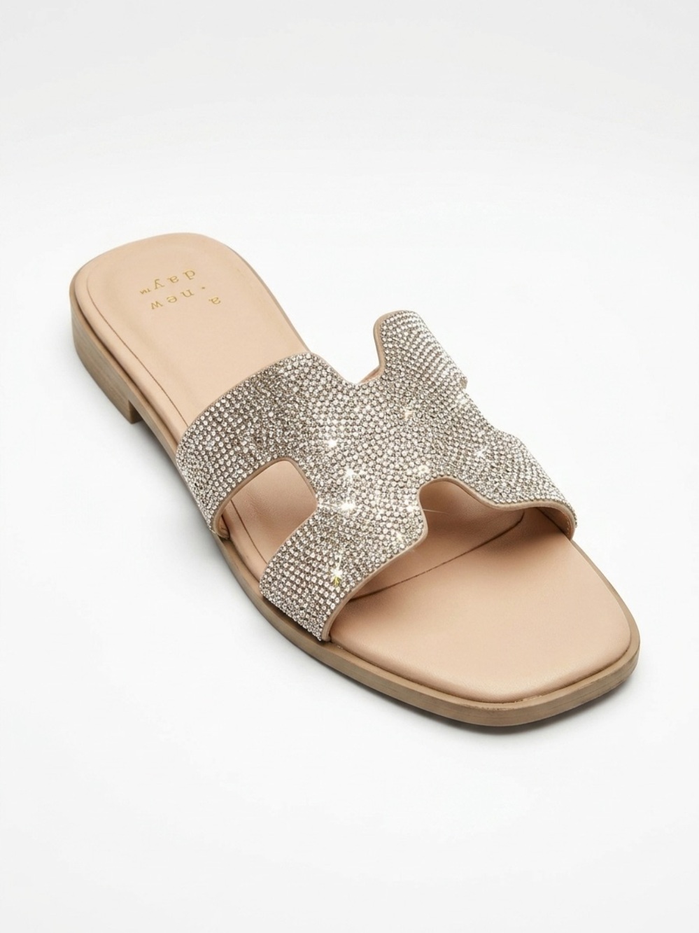 A New Day Rhinestone H-Band Slide Sandals Nude Silver Bling Size 9 Y2K
